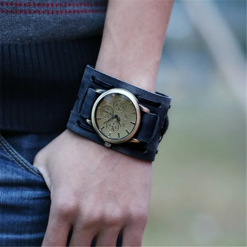 European and American Jewelry Luxury Retro Cowhide Alloy Bracelet Watches Punk Trendy Watches Men's Wrist Digital Watch