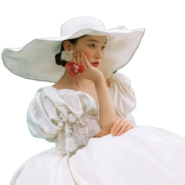 Women White Wide Brim UV protection Church Sun Hat Kentucky Derby Satin Ladies Wedding Hat for Bride