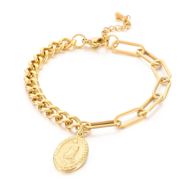 KALEN 195mm Unisex Religious Stainless Steel Links Bracelets With Christian Saint Charm