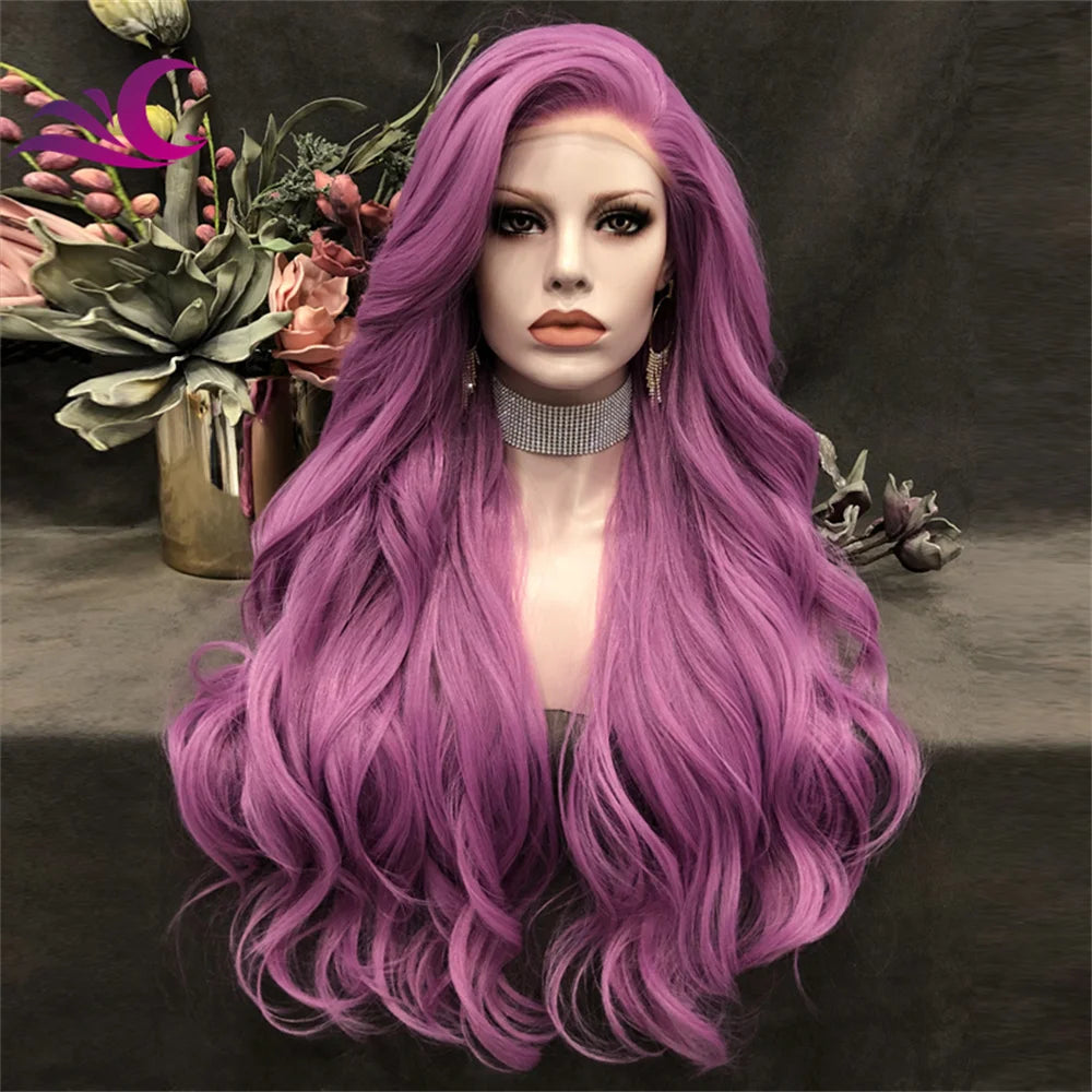 Celebrity High Density New Fashion Popular Lace Front Wig Purple Long Wavy Heat Resistant Fiber Party Drag Queen Wig