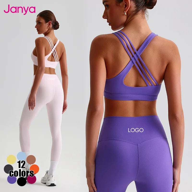 Fashion Color Blocking Racer Back Bra Match Crotchless V Cut Cross Waist Leggings Gym Yoga Set Workout Fitness Sports Wear