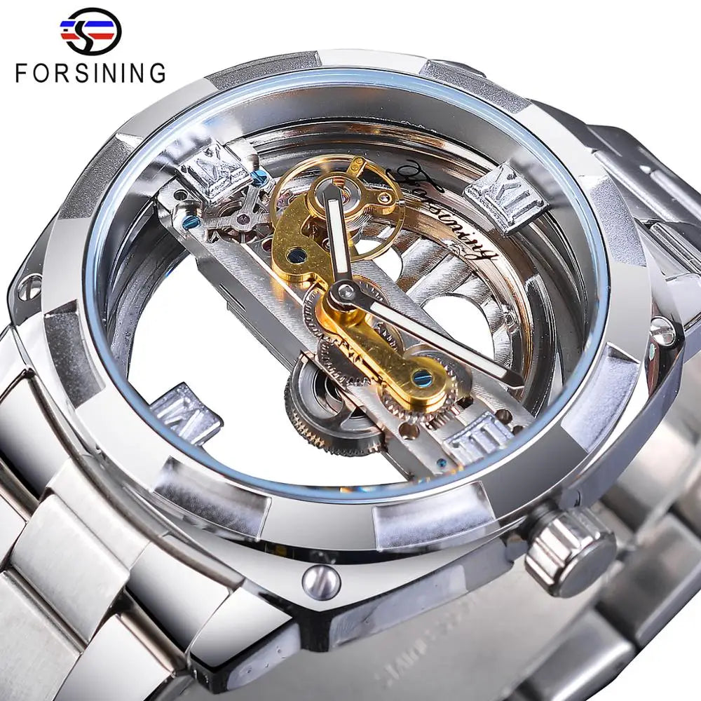 Forsining Men Transparent Design Mechanical Watch Automatic Silver Square Golden Gear Skeleton Stainless Steel Belts Mens Clock