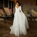 Hot Autumn Long Sleeve Classic Draped Floor-Length A-Line Silhouette Evening Wedding Dress Deep V-neck Elegant Simple White