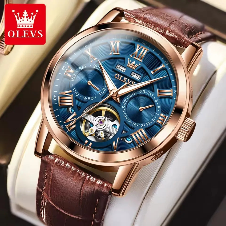 OLEVS 6668 Man Watch Skeleton Flywheel Automatic Mechanical Wristwatch Leather Waterproof Luminous Calendar Watches for Men
