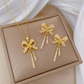 Luxury Full Diamond Sparkling Zircon Bow Tassel Necklace Earrings Set Light Luxury gold Plated