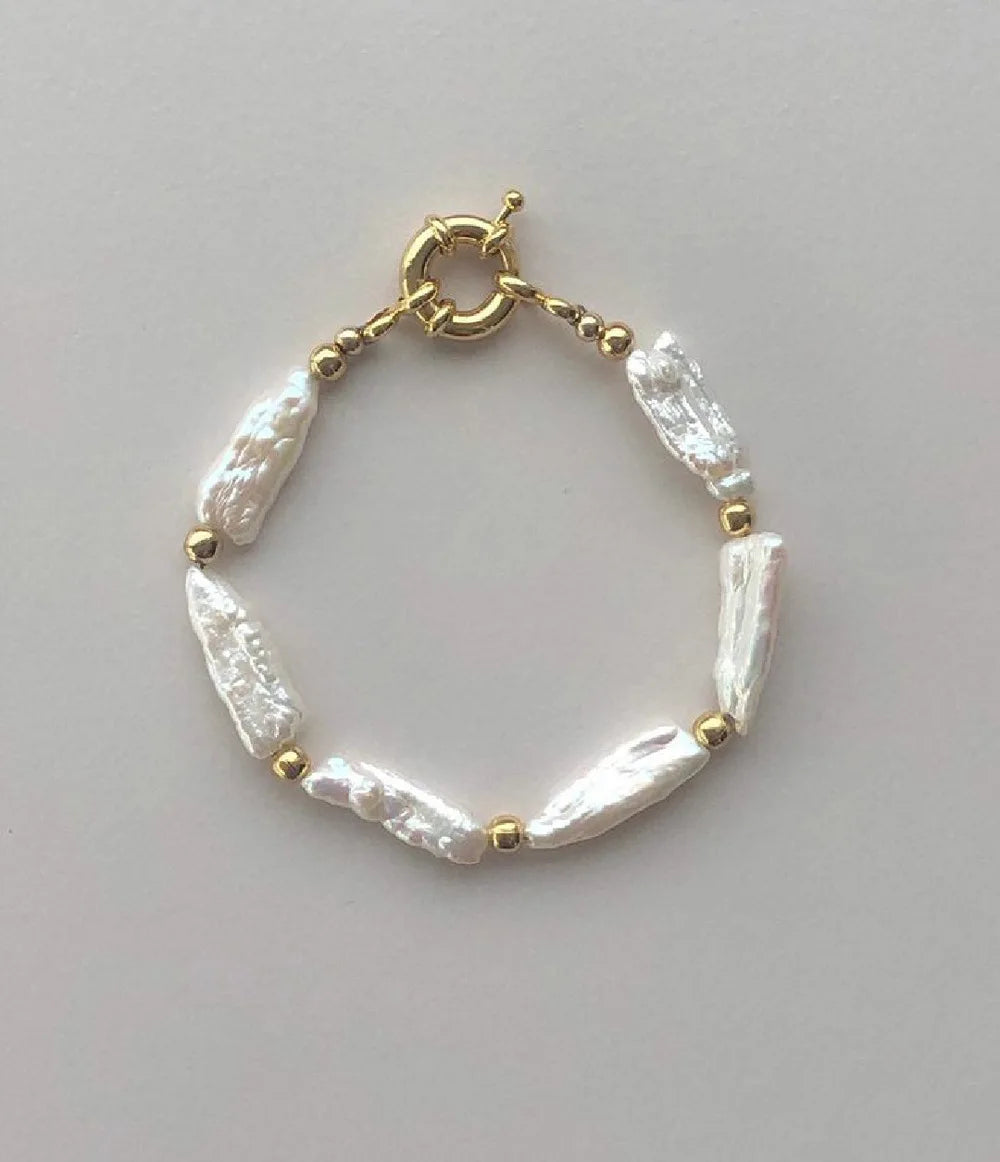 Freshwater Pearl Gold Beads Stainless Steel Waterproof 18k Gold Plating Bracelet