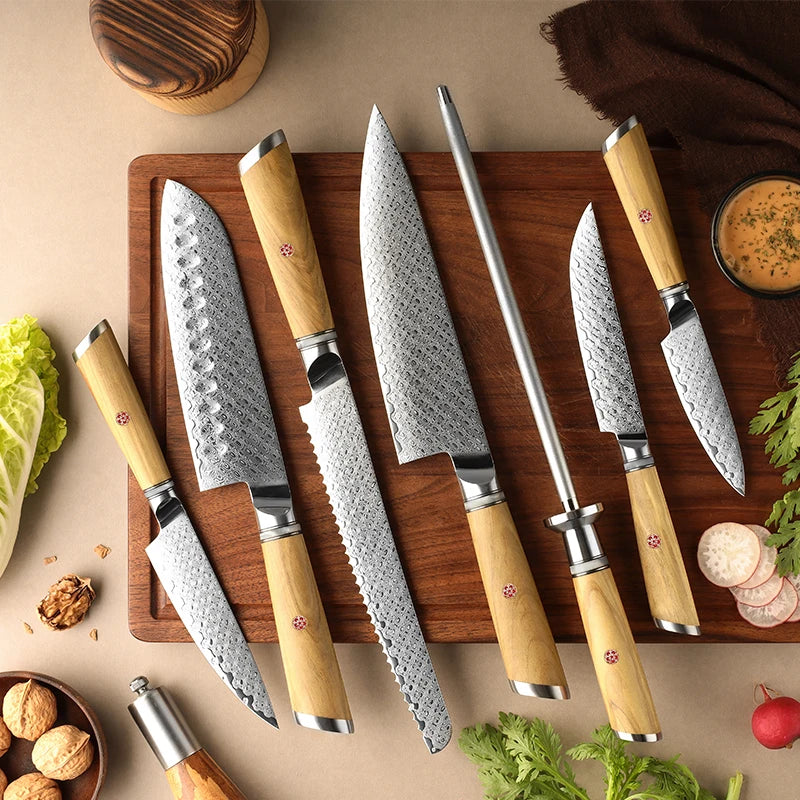 7Pcs Japanese Damascus Steel Kitchen Chef Knife Sets Chef Santoku Utility Paring Bread Knife with Resin and Oliver Handle
