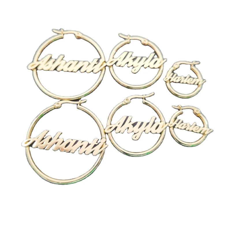 Qiuhan Personality Stainless Steel Round Hoop Nameplate Twist Custom Name Earrings Gifts for Girl