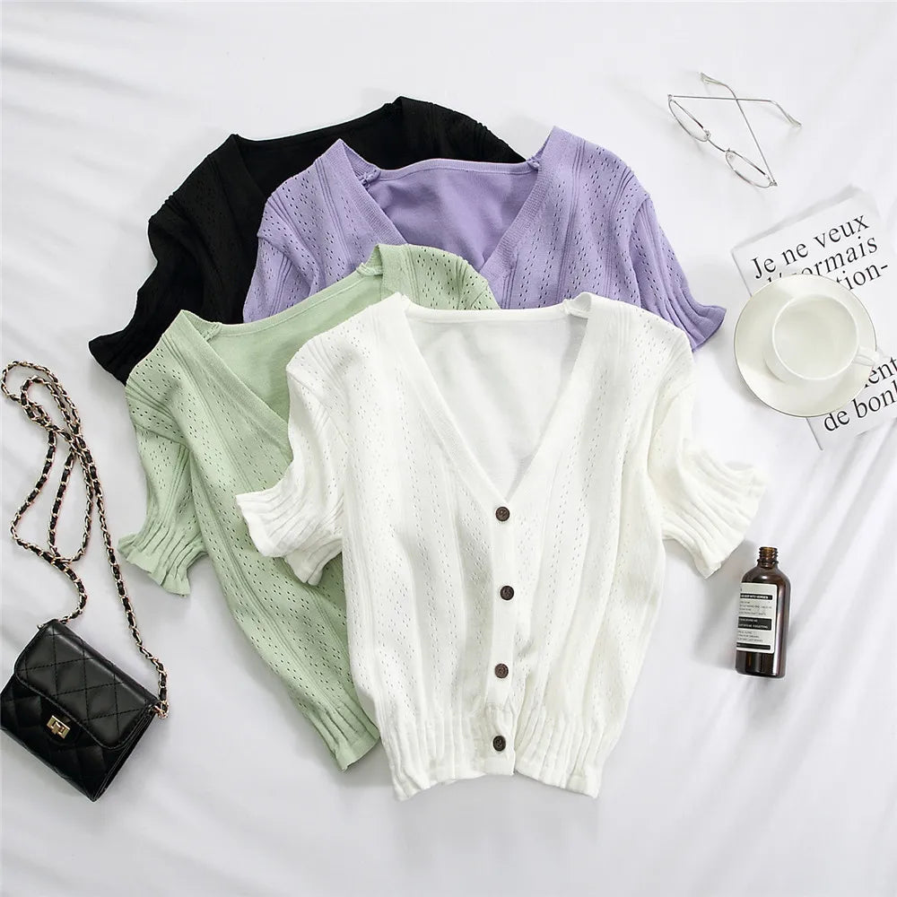 Women Knitted T-shirts V-Neck Button up Tees Short Sleeve Casual Crop Tops for Women 2024 Summer T-Shirts
