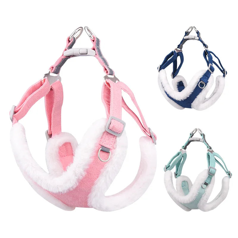 Fashionable Velvet Pet Harness and Leash Set Winter Warm Reflective and Breathable Soft Adjustable Dog Cheat Harness for Cats