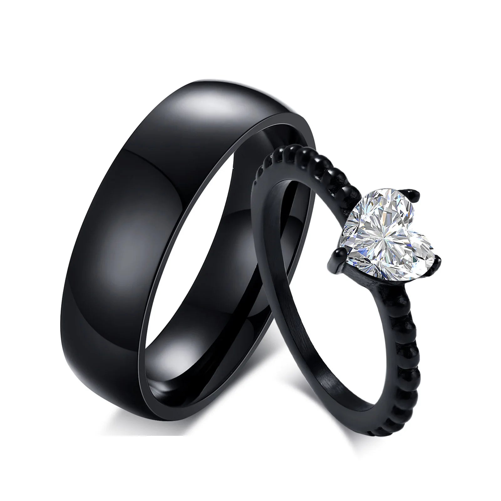 Good Quality Titanium Steel Enamel Engagement Jewelry Rings Zircon Couple Promise Ring Set Ring Zircon Heart Wedding Set