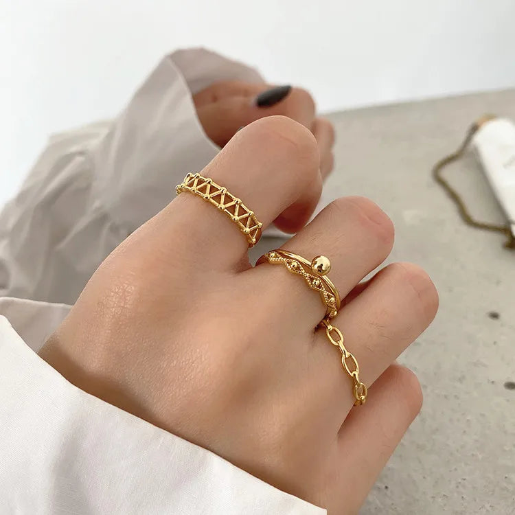 18K Gold Plated Cross Chain Design Bead Type 925 Sterling Silver Thin Open Ring