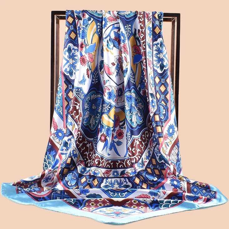 Spring New Fashion Big Shawl Imitation Silk Plant Flower Printed Scarf Headband 35inch Satin Square Scarf Women Scarf
