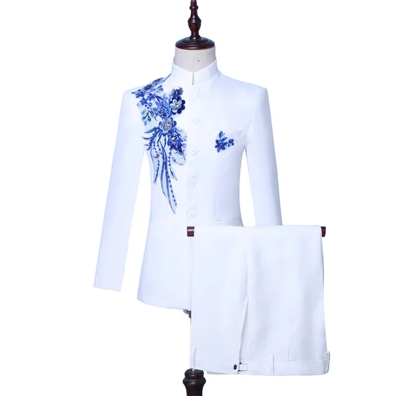 2023 New Sequin Stage Chorus Costume Men's Dress Singer Wedding Groom Suits  MC Host Costume Chinese Tunic Suit