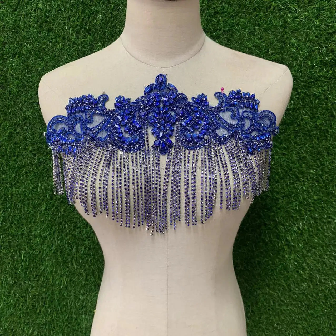 Royal Blue Crystal Rhinestone Beaded Pure Hand Made Bridal Bodice Applique for Wedding