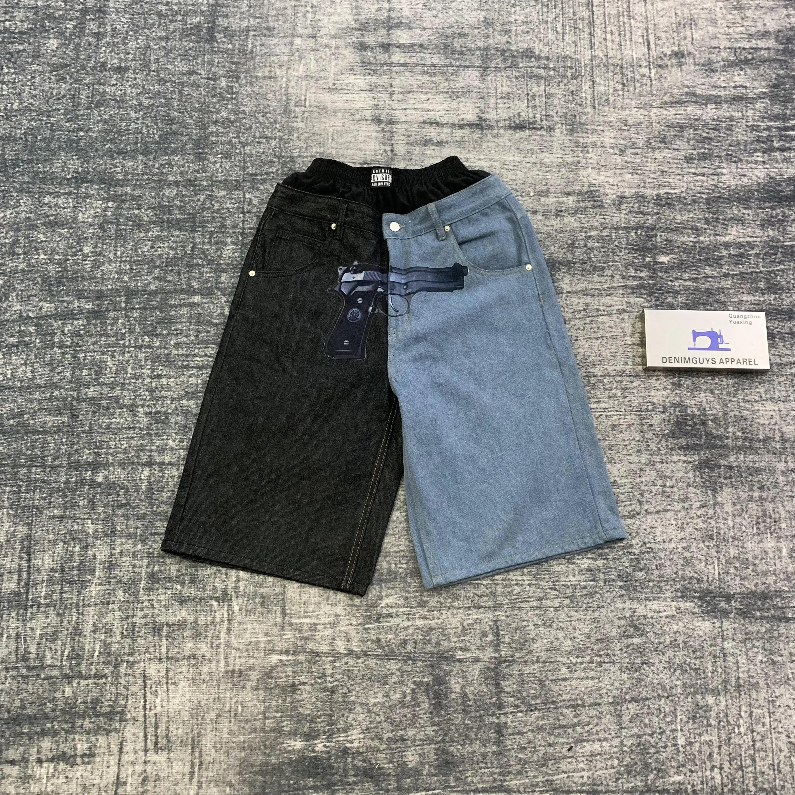 DENIMGUYS Factory Custom Men's Streetwear Wash Contrast Fabric Denim Shorts Jorts Men Rubberband Waistband Baggy Jorts