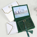 Vintage Handmade Wedding Invitation Box with Dark Green Velvet Clear Acrylic Custom Gold Monogram Foiling in Velvet Box