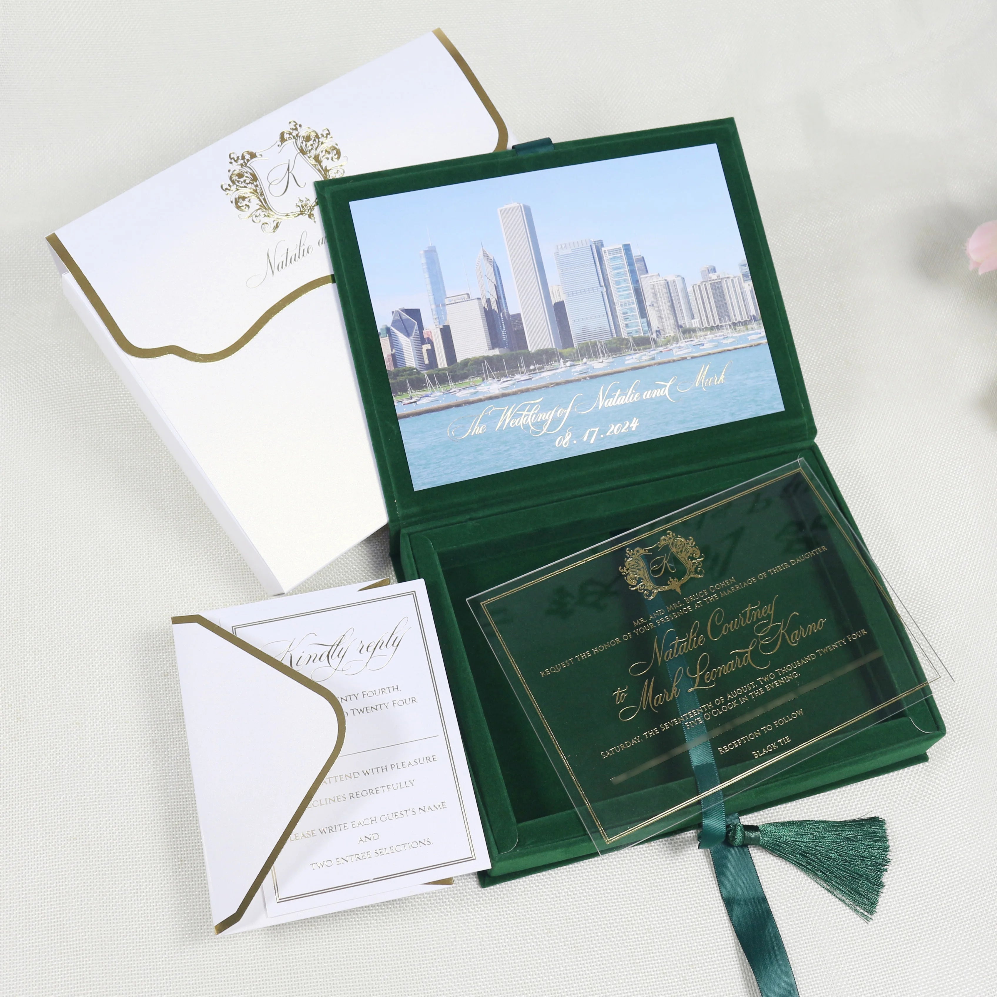 Vintage Handmade Wedding Invitation Box with Dark Green Velvet Clear Acrylic Custom Gold Monogram Foiling in Velvet Box
