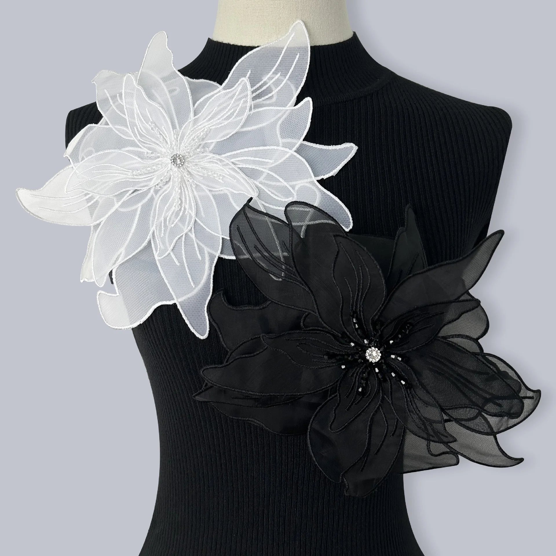 Large Lace Applique Chiffon Fabric Handmade Flower Chop Bead Fashion for Shoes and Bags