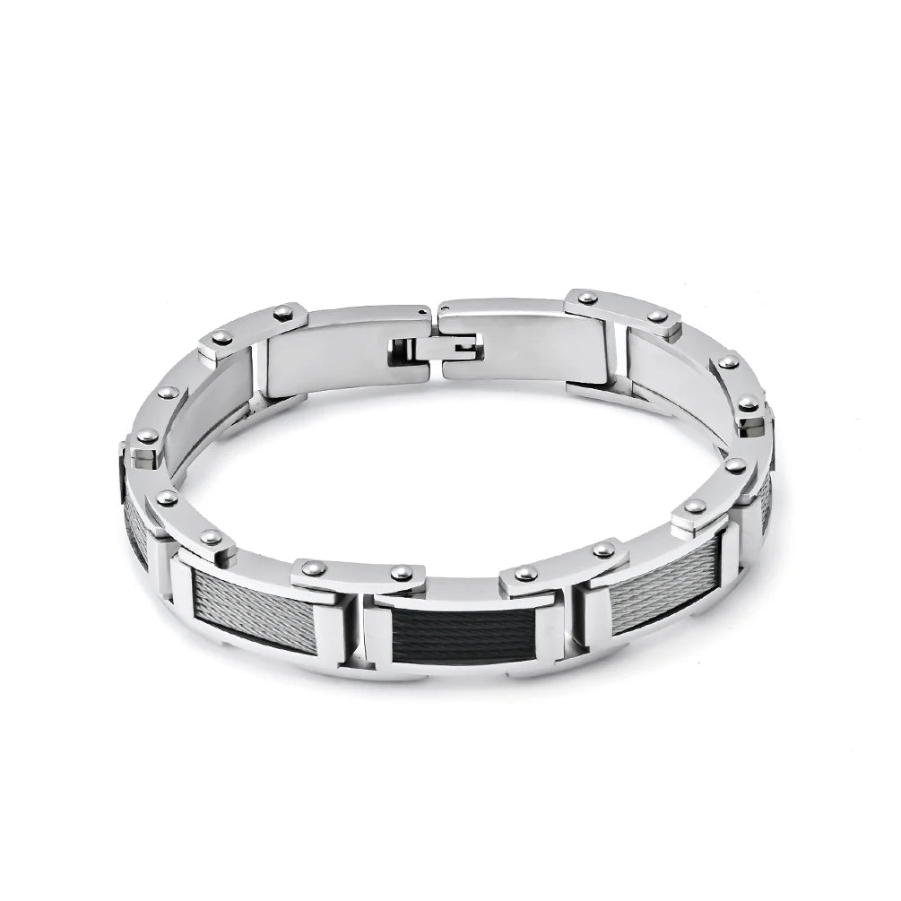 Alin Wholesale Interlinked Rectangular Links Carbon Fiber Inside Stainless Steel Jewelry Bracelet for Men Unisex