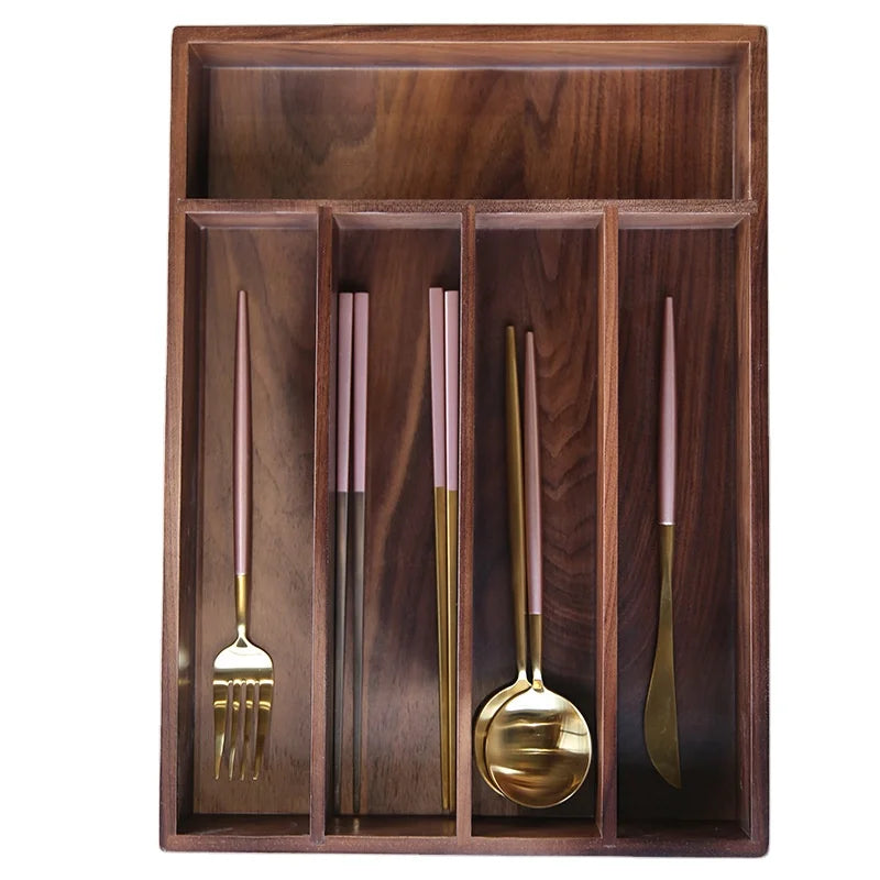 Customized Walnut Compartment Tableware Stationery Container Storage Home Kitchen Storage Box Wood Cutlery Utensils Drawer