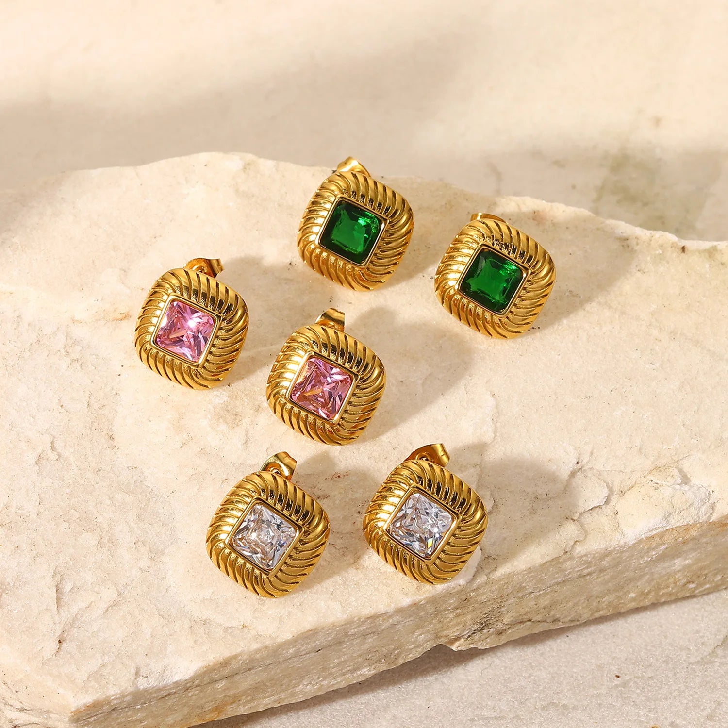 Refinement 18K Gold Plating Stainless Steel Regular Texture Frame Square Button Color Cubic Zircon Stud Earrings for Girls