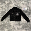 DENIMGUYS  Men's Varsity Denim Jacket Back Embroidery Logo Men Casual Outwear Fall Denim Button up Coat Jean Jacket Men