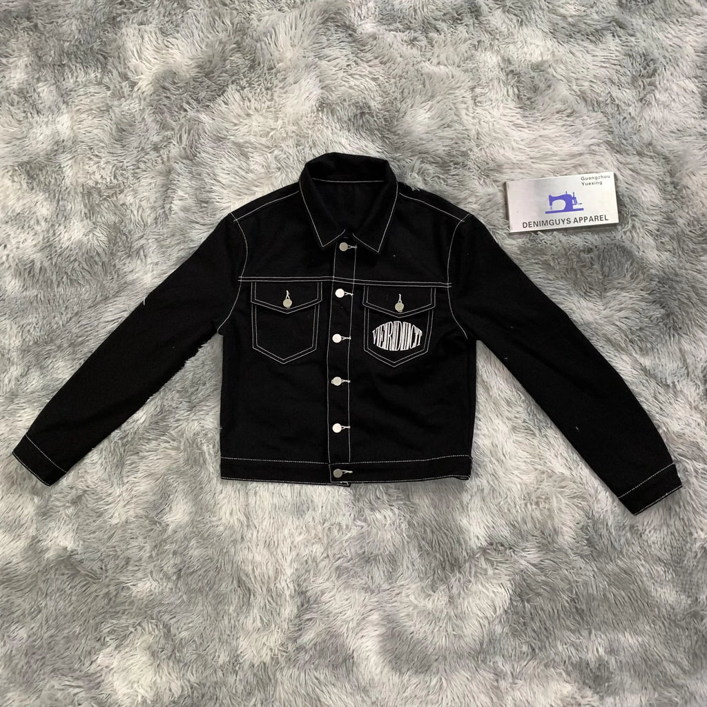 DENIMGUYS Men's Varsity Denim Jacket Back Embroidery Logo Men Casual Outwear Fall Denim Button up Coat Jean Jacket Men