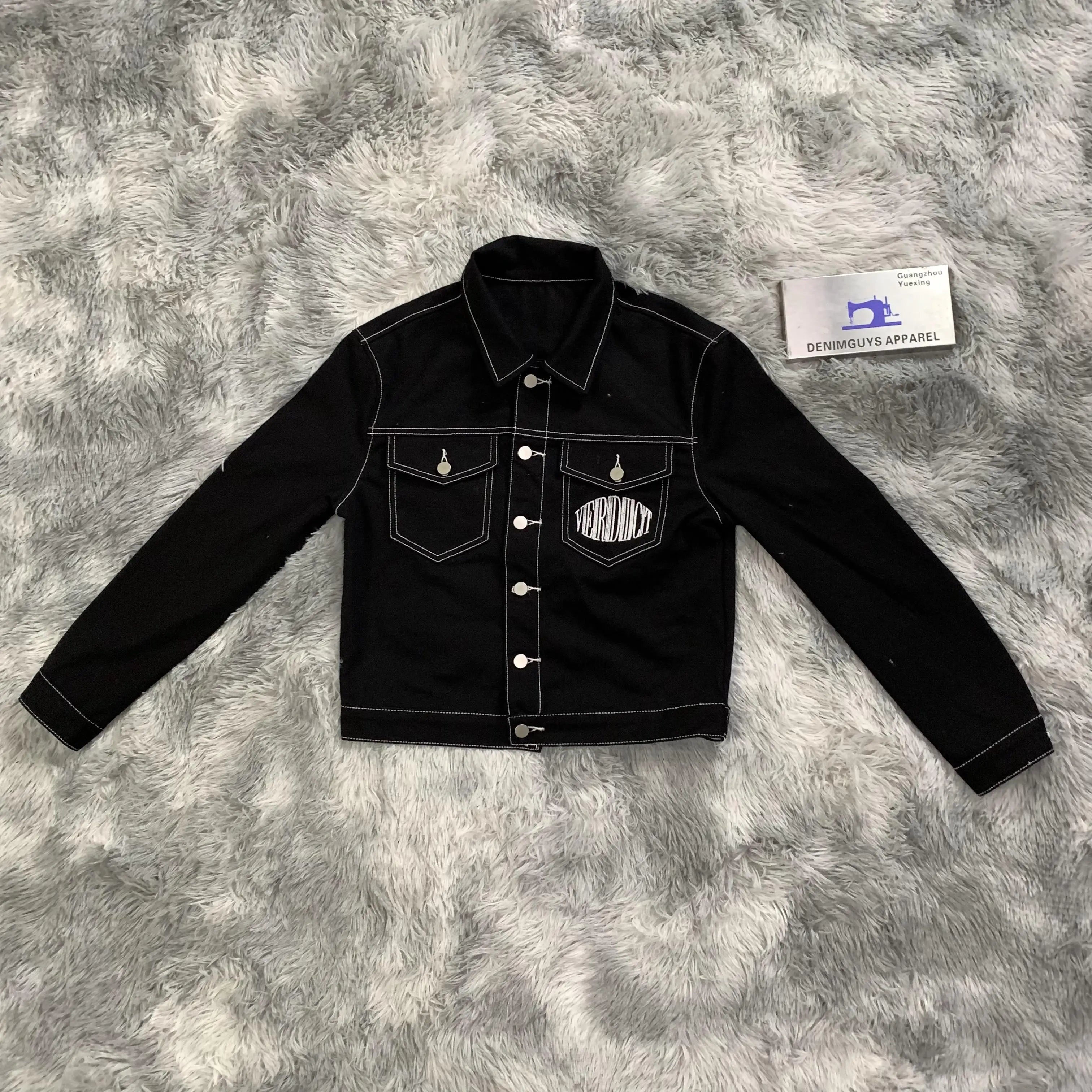 DENIMGUYS Men's Varsity Denim Jacket Back Embroidery Logo Men Casual Outwear Fall Denim Button up Coat Jean Jacket Men