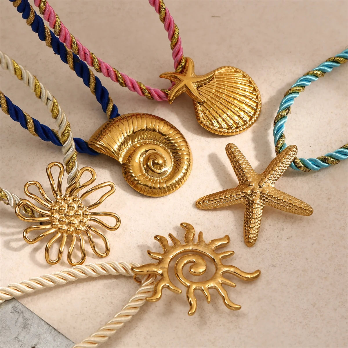 2025 Summer Beach New Titanium Steel 18k Gold Plated Colorful Hand-woven Rope Starfish Shell DIY Pendant Necklace for Women