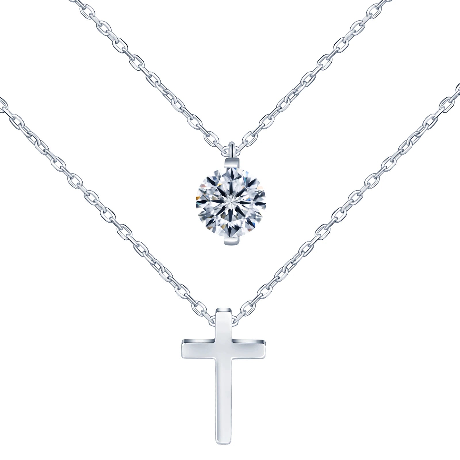 Minimalist 1ct Moissanite Cross Necklace for Women Dainty Rhodium Plated S925 Sterling Silver Layered Neck Jewellery