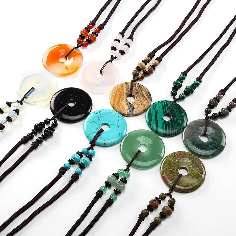 Popular Natural Gemstone Round Donut Shape Pendants Necklace Hand Craft Classic Jewelry Party Gift