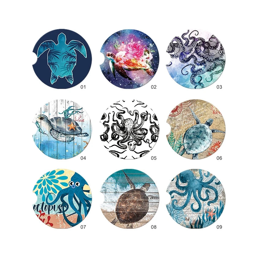Turtle & Octopus Ceramic Car Coasters Cork Absorbent Drink Mats Custom Sublimation Set Blank for Print