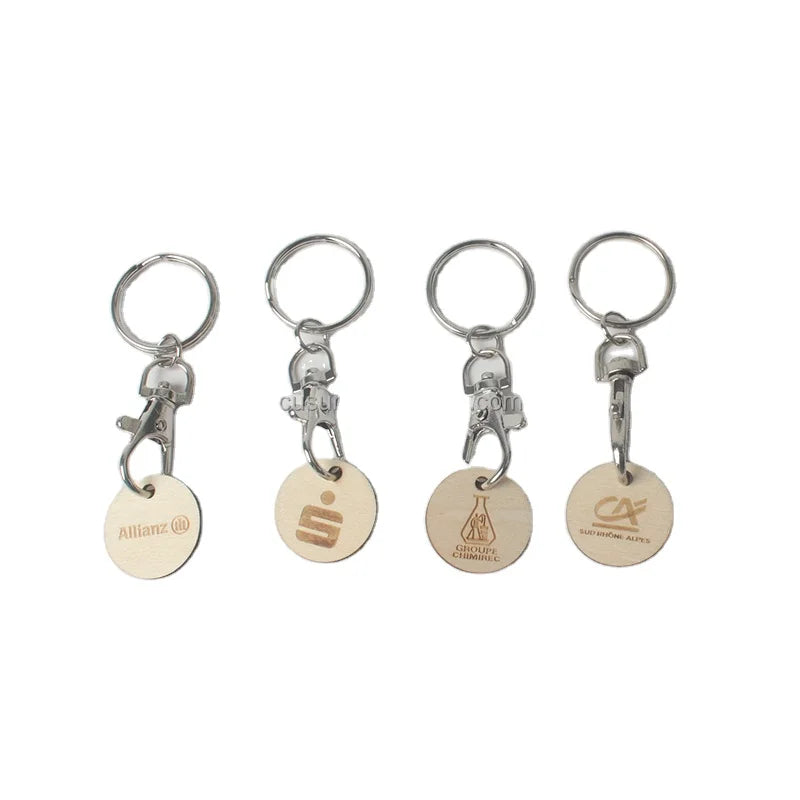 Customized logo Shopping Cart Chip Key Chain Wood Trolley Token Coin Keyring