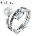 CZCITY Freshwater CZ Chain Dainty Adjustable Silver 925 Sterling Woman Finger Pearl Ring Set