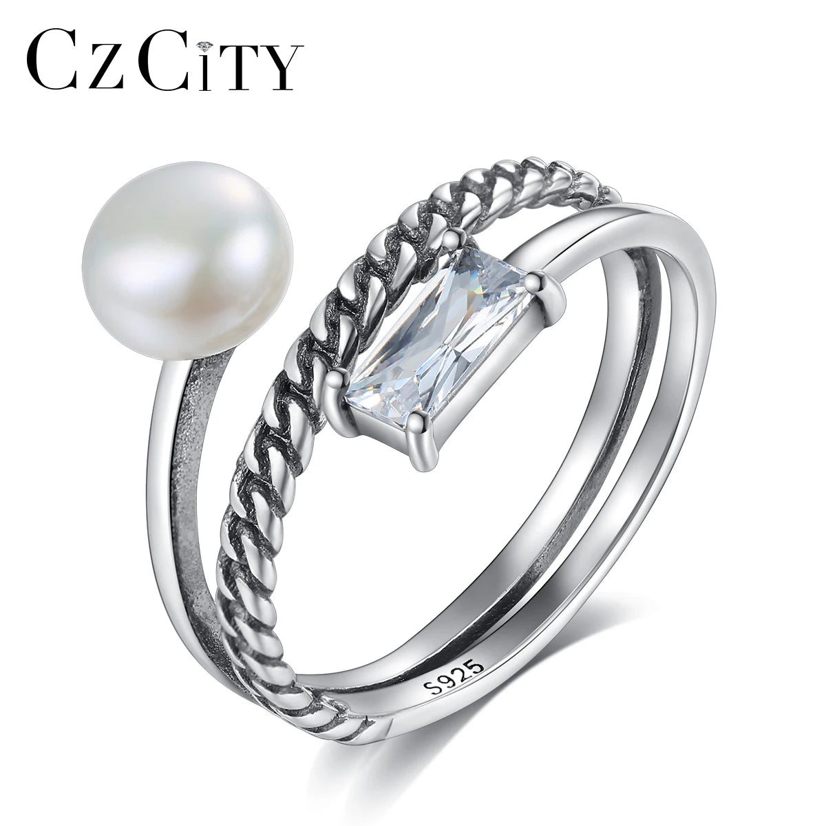 CZCITY Freshwater CZ Chain Dainty Adjustable Silver 925 Sterling Woman Finger Pearl Ring Set