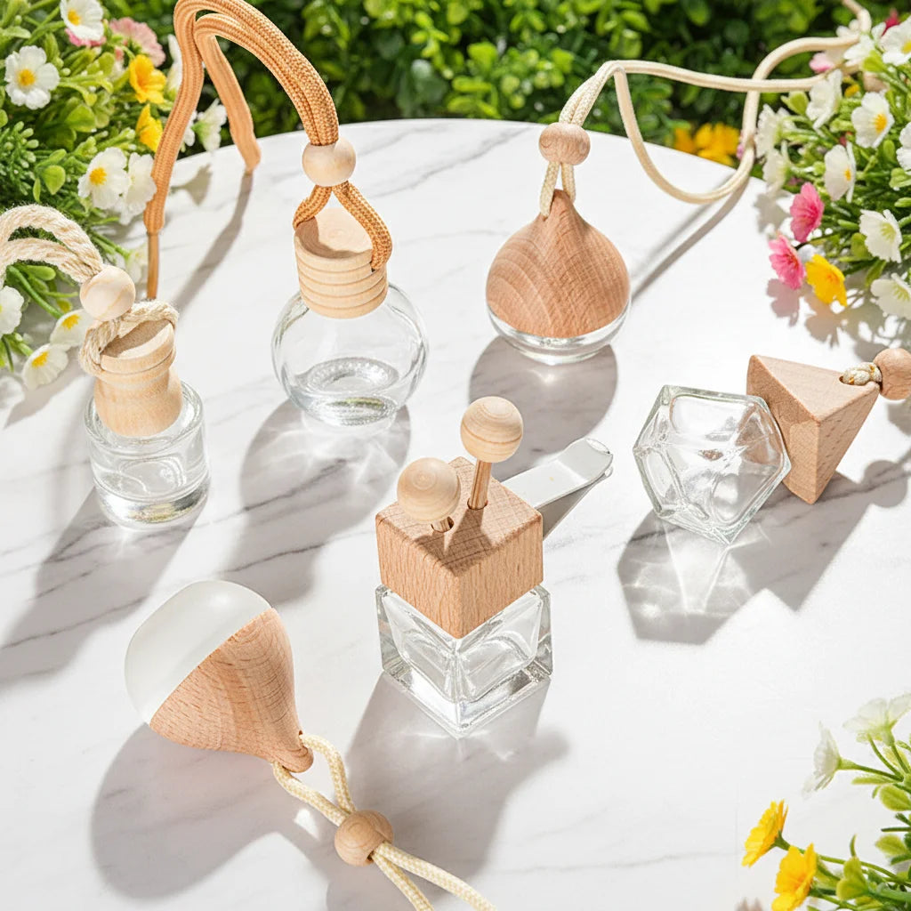 Wholesale Hot Selling 8 ml Clear Frosted Air Freshener Perfume Diffuser Luxury Car Hanging Bottle with Wooden Cap