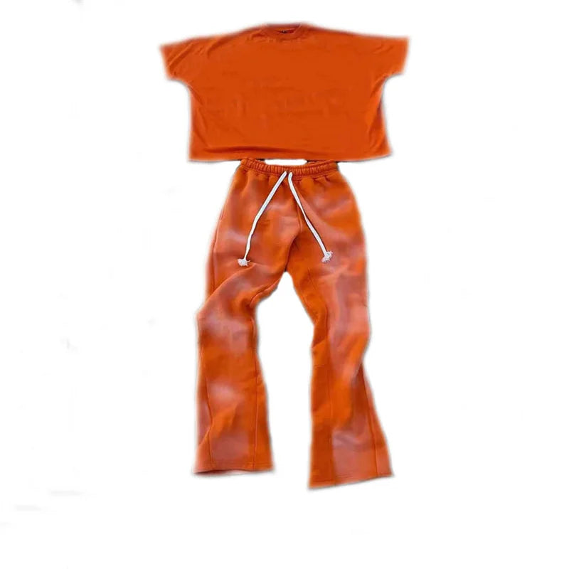 KY Sunfade Blank Wholesale Drawstring Flared Sweatpants Flared Track Pants Custom T-Shirt