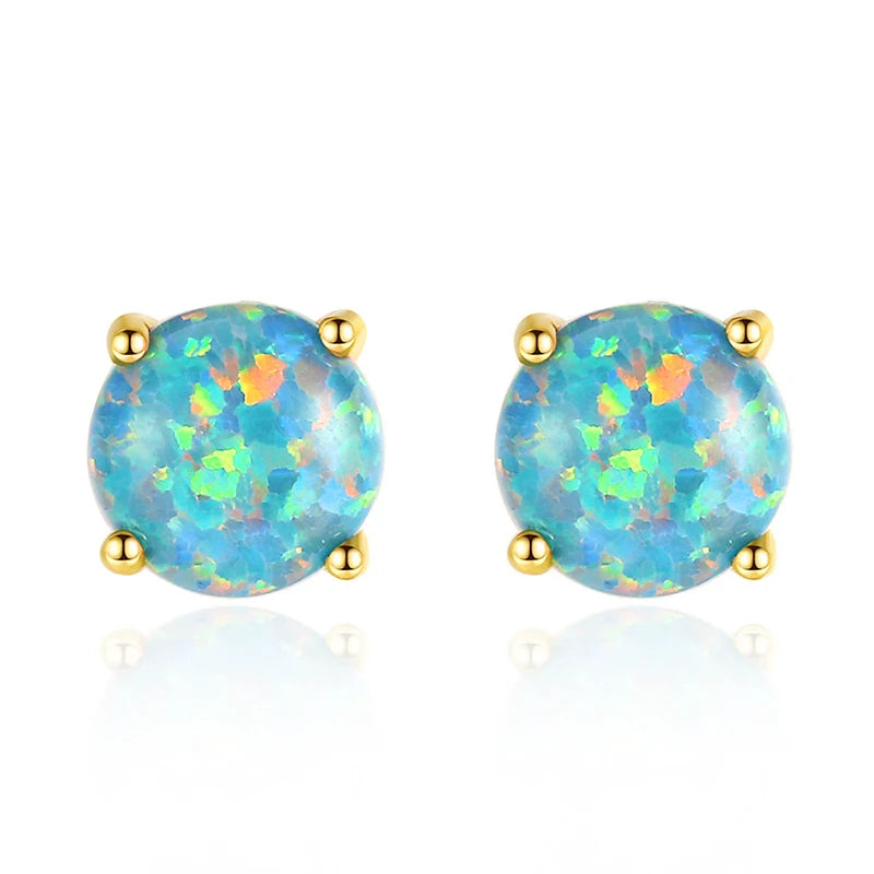 Luster 925 Sterling Silver Gold Plated Opal Stone Stud Fine Jewelry Earrings Women With Round Brilliant Cut Fine Stud Earrings