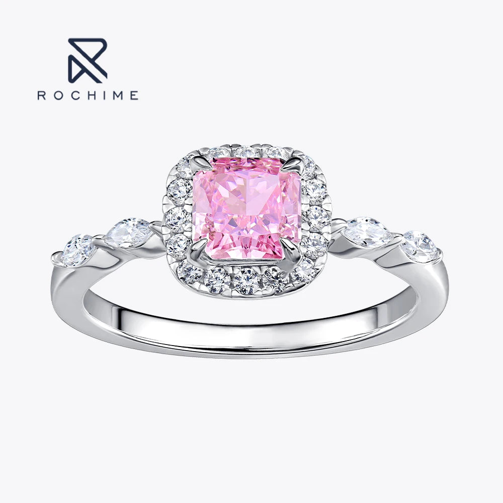 Rochime Sparkling halo Yellow pink Color Gemstone Rings 925 Sterling Silver Rhodium Plated  Trendy Jewelry for Women