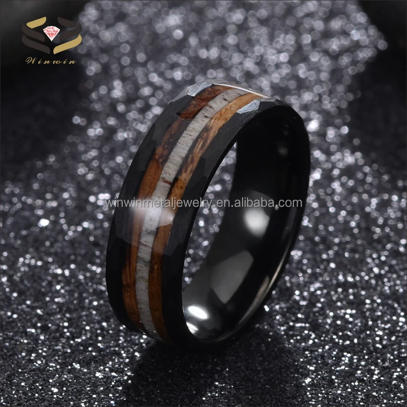 8mm Black Tungsten Wedding Band Religious Style Deer Antler and Whiskey Barrel Wood Inlay Hammer Finished Unisex Anniversary