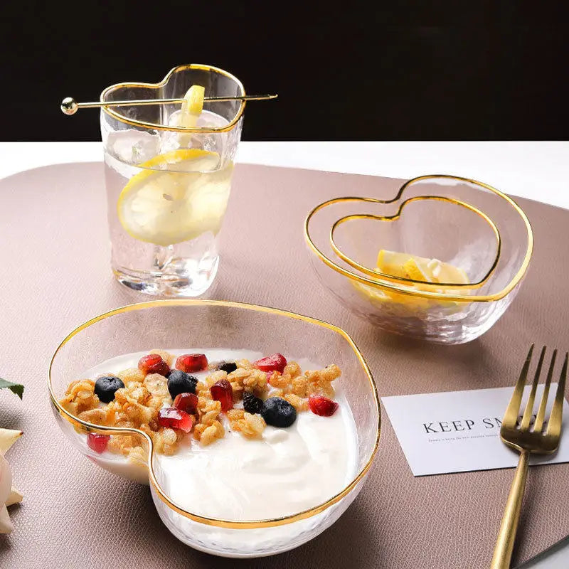 Customize Modern Heart Shape Gold Rim Eco-Friendly Glass Salad Mixing Fruit Kitchenware Microwave Safe Tableware Pink Salad Bowl