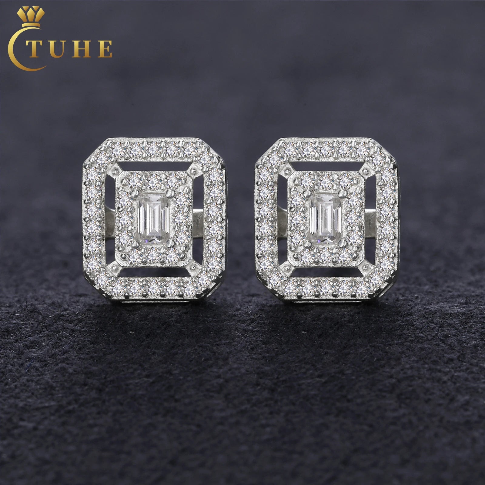 2023 Luxury Birthday Gift Fashion Hip Hop Jewelry 925 Sterling Silver VVS Moissanite Diamond Square Stud Earrings