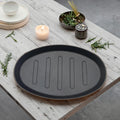 Cast Iron Oval Grill Plate Steak Iron Plate Wooden Base
