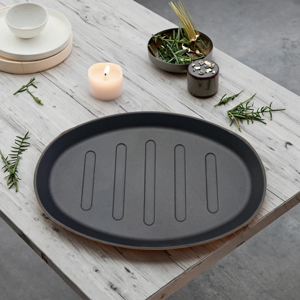 Cast Iron Oval Grill Plate Steak Iron Plate Wooden Base