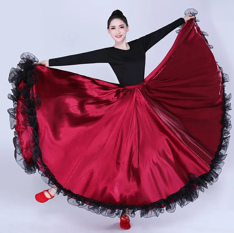 Womens Ruffle Long Full Spanish Bull Dance Skirt Mexican Flamenco Bomba Plena Skirt Flowy Dancing Dress Costume