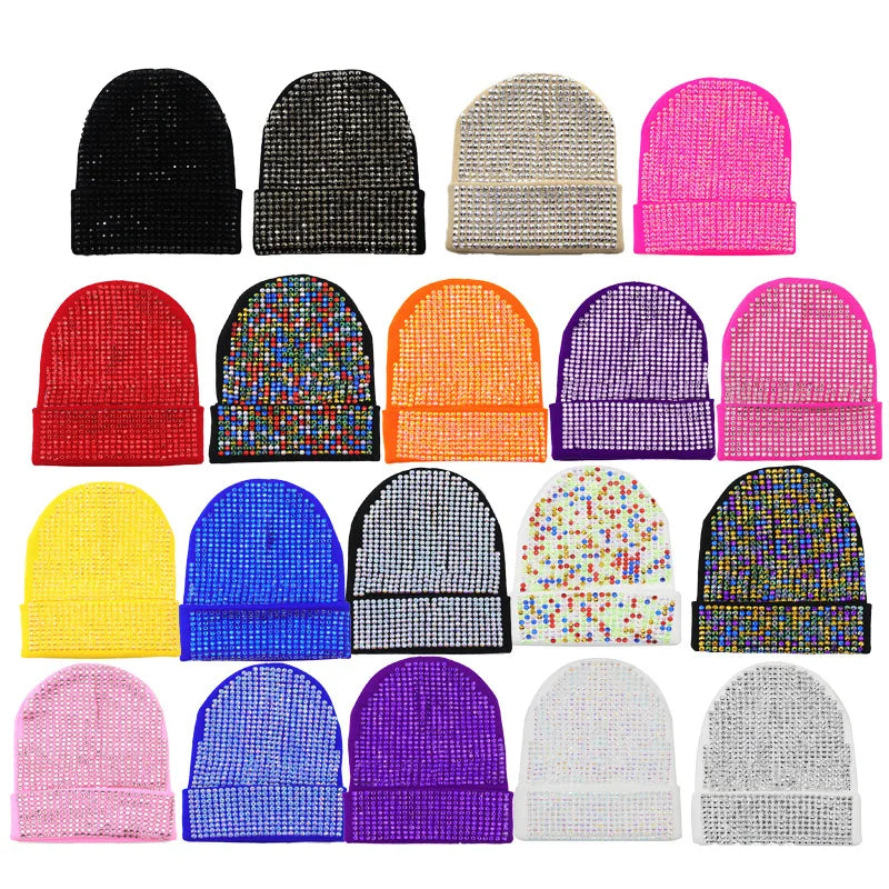 Allover Rhinestones Beanie for Fashion Women Custom Warm Colored Thick Knitted Glitter Winter Hat With Stones