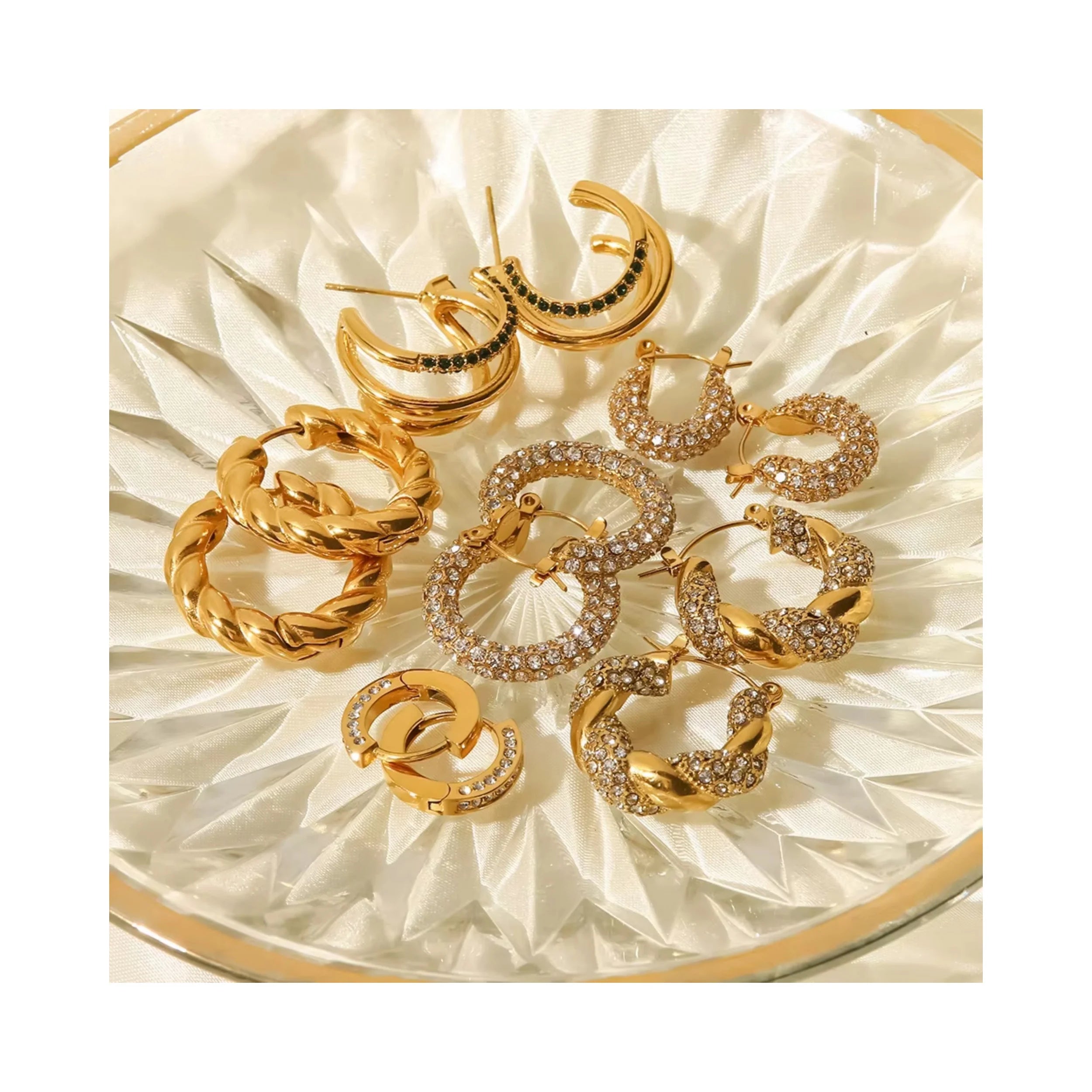 RisingMoon Luxury Fashion 18k Gold Plated Stainless Steel Zircon Geometric Earrings for Women