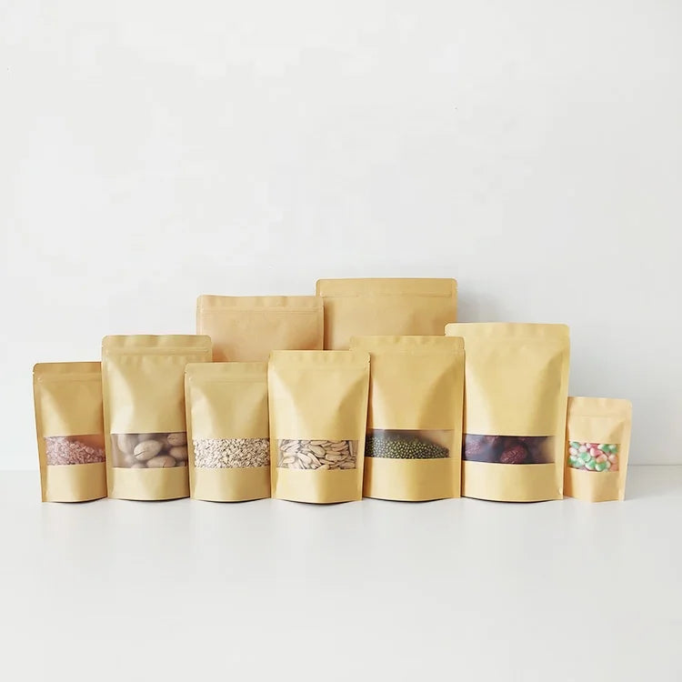 16x23cm Recyclable Kraft Paper Food Bag Zip Lock Stand up Pouch Kraft Paper Bags with Matte Window