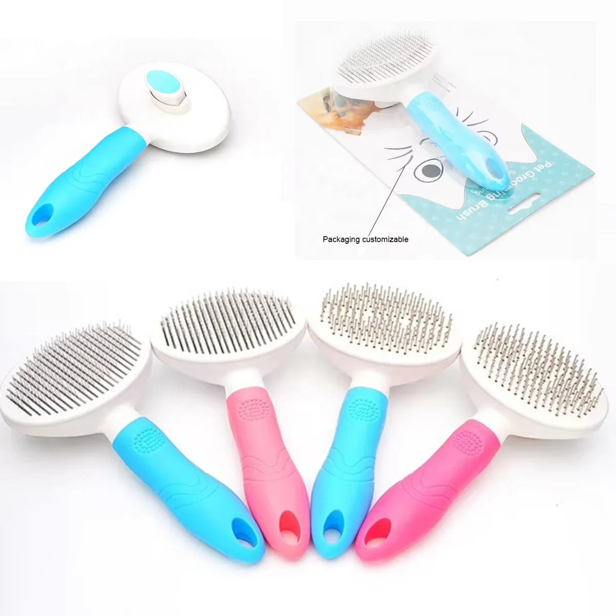 Hot Sales Custom Logo & Color Cat Dog Pet Hair Shedding Grooming Self Cleaning Slicker Pin Comb Brush Tool